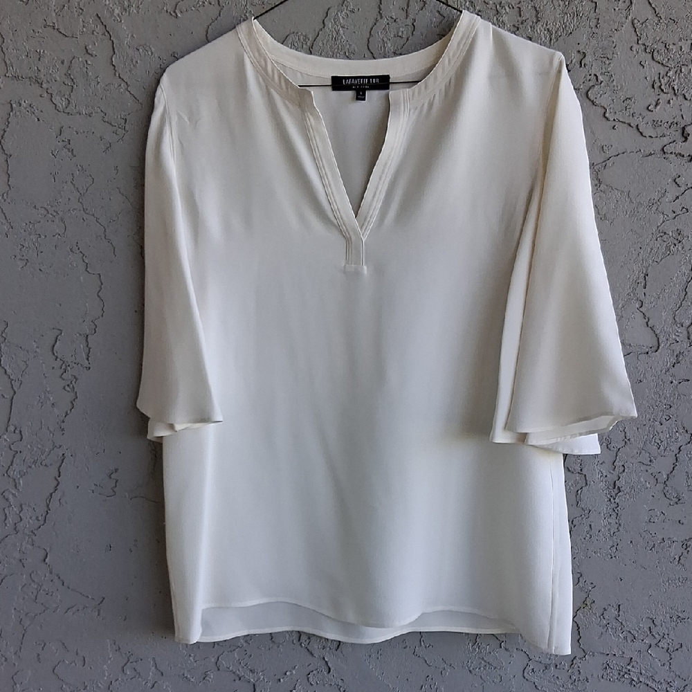 Lafayette 148 New York Cream Boxy Blouse with Mandarin Collar